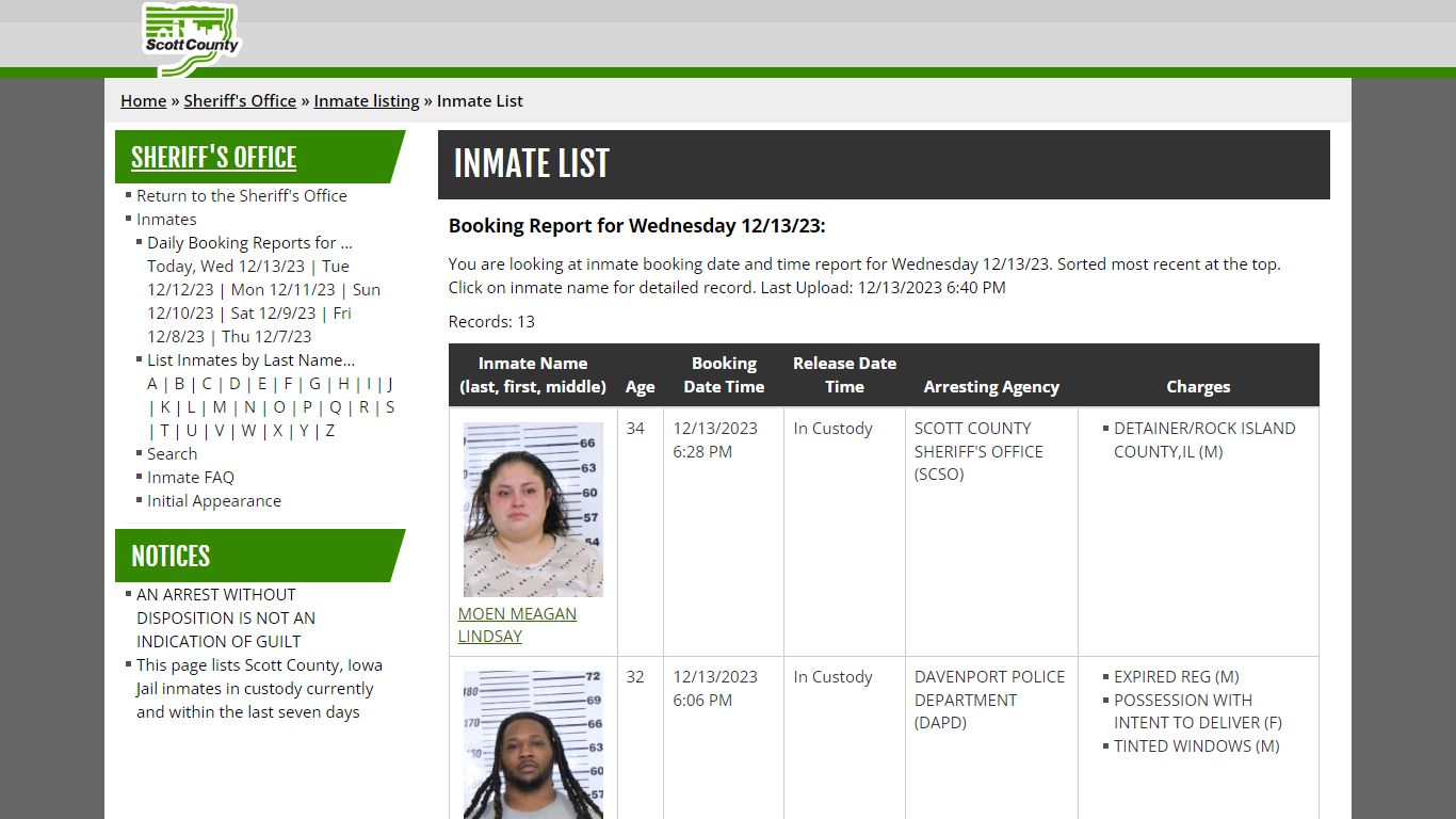 Inmate List - Scott County, Iowa
